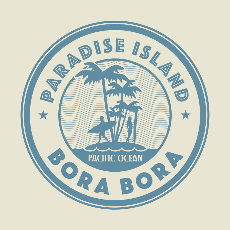 矢量浅蓝色热带岛屿棕榈树图案圆形邮票