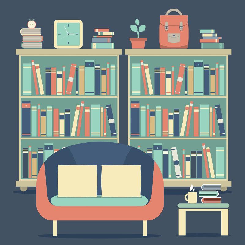 室内沙发和书架的矢量设计图