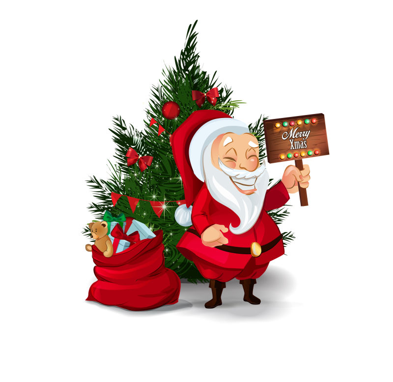 卡通圣诞老人和树下的圣诞礼物矢量图
