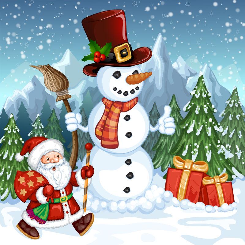 卡通圣诞老人和雪人的矢量图