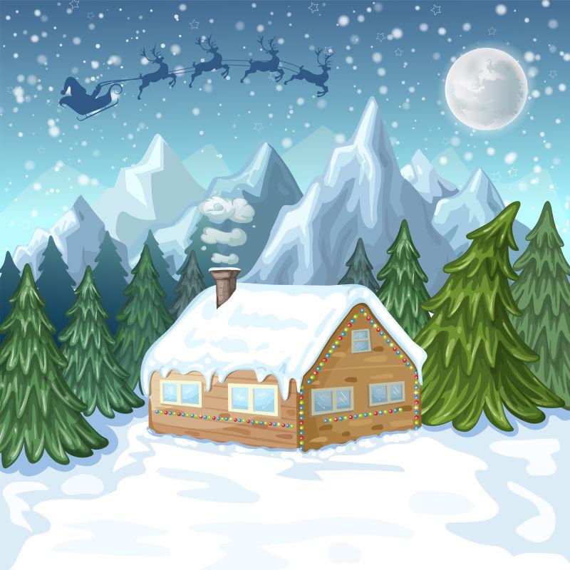 圣诞屋和圣诞老人雪橇矢量图