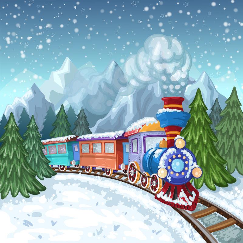 列车与高山松树冬季矢量景观图