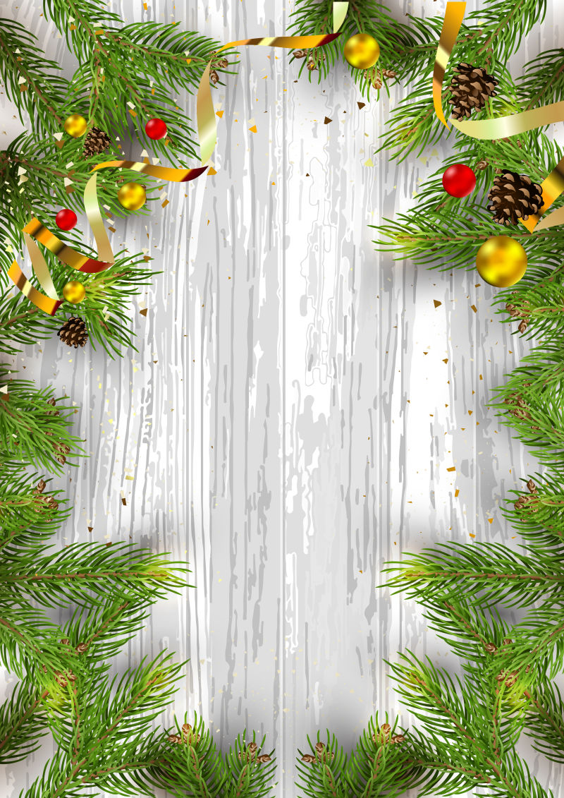 有杉树和节日装饰的圣诞贺卡矢量插图