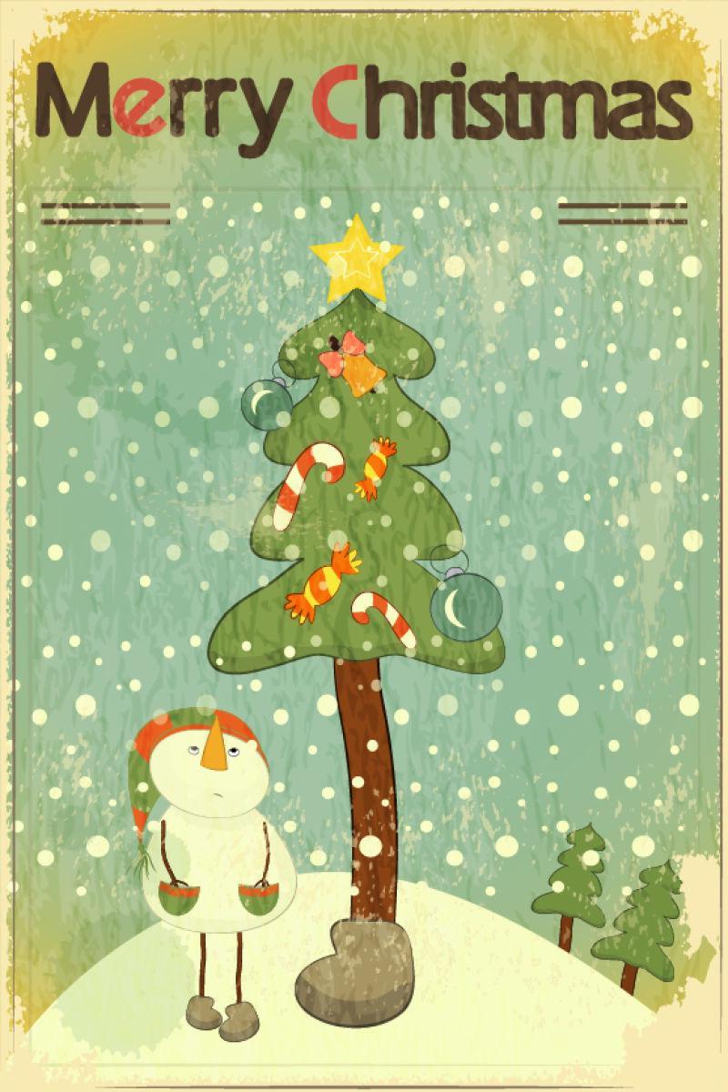 圣诞卡雪人和圣诞树矢量图