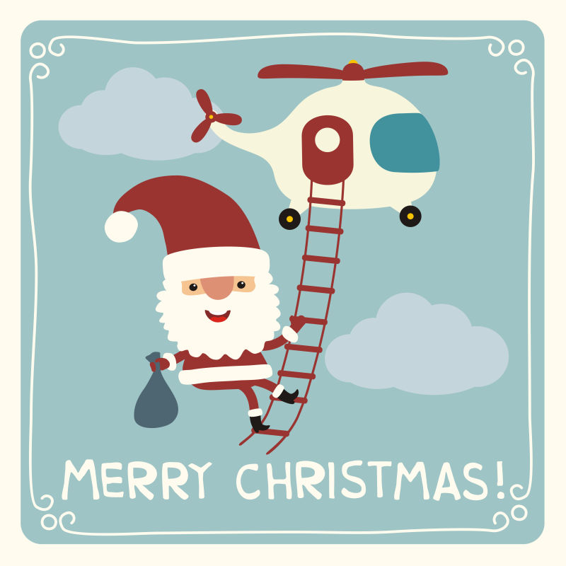 卡通从直升机下来的圣诞老人矢量图