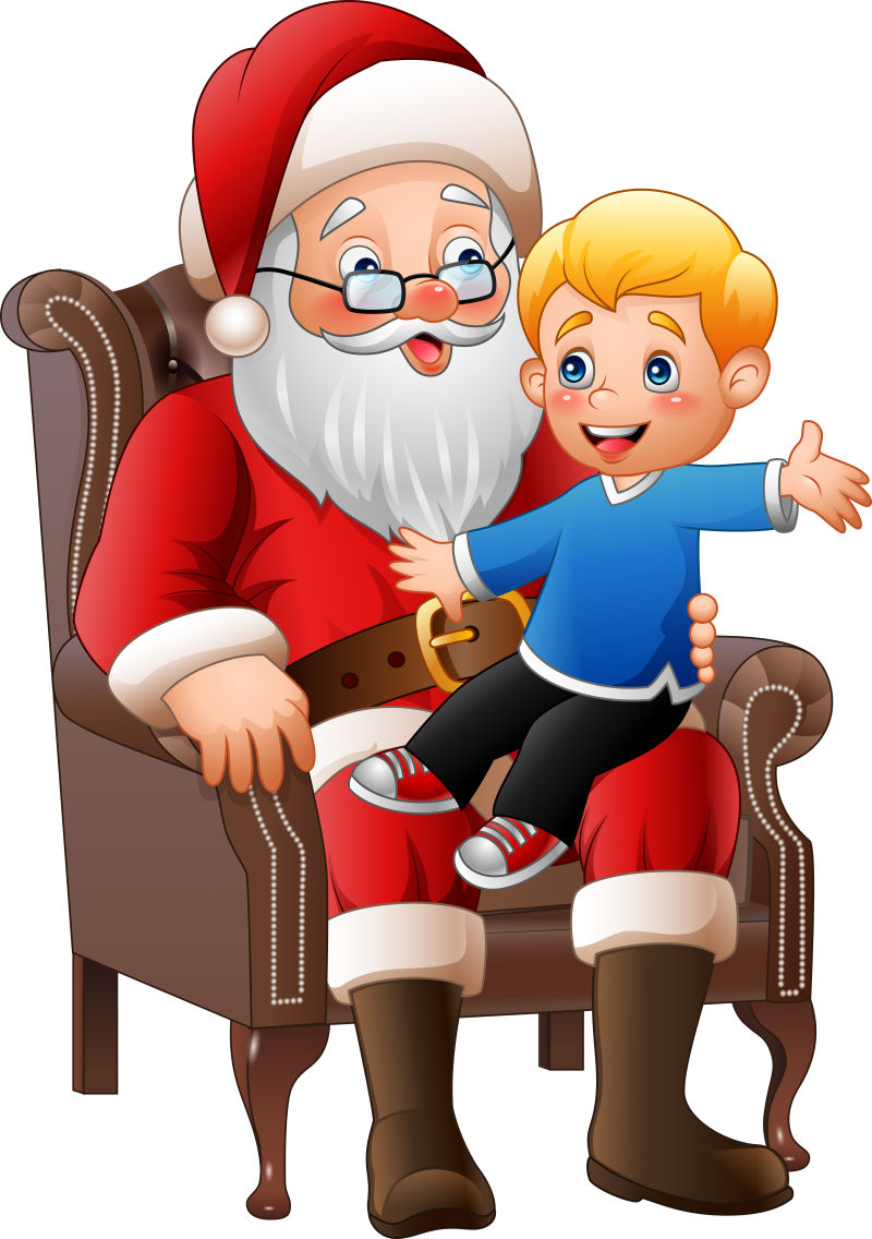 矢量设计抱着小男孩坐在椅子上的圣诞老人