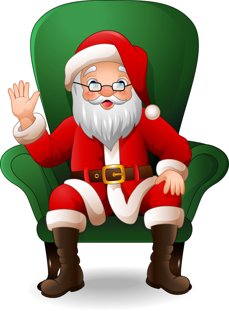 矢量设计坐在绿沙发上挥手的圣诞老人