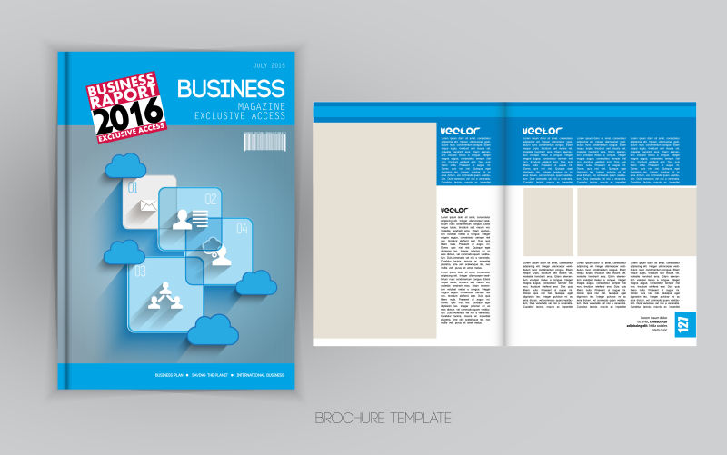 矢量商业杂志蓝色封面和页面设计
