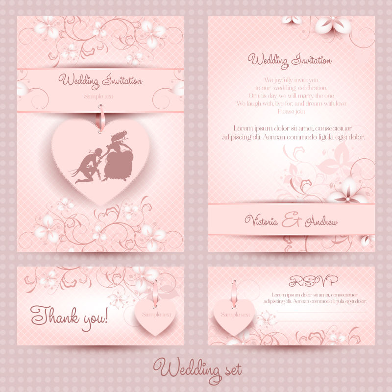 创意矢量粉色装饰风格的婚礼请帖设计
