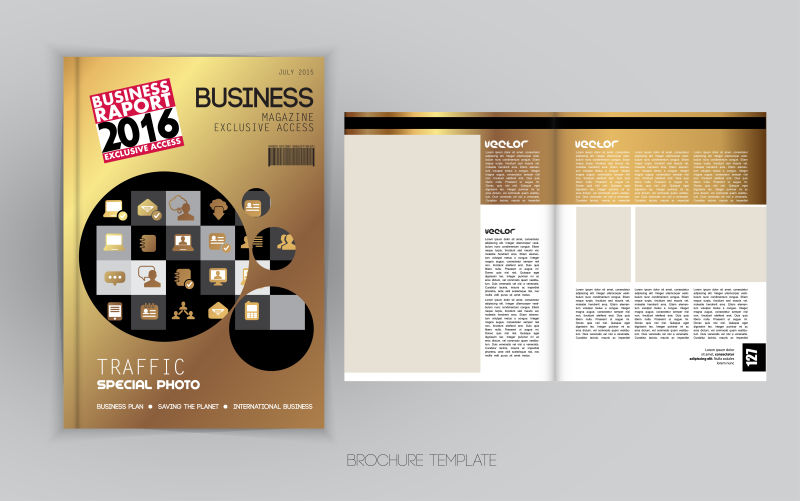矢量金色商业小册子封面和页面设计
