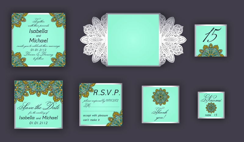 老式婚礼邀请设计集包括邀请卡矢量