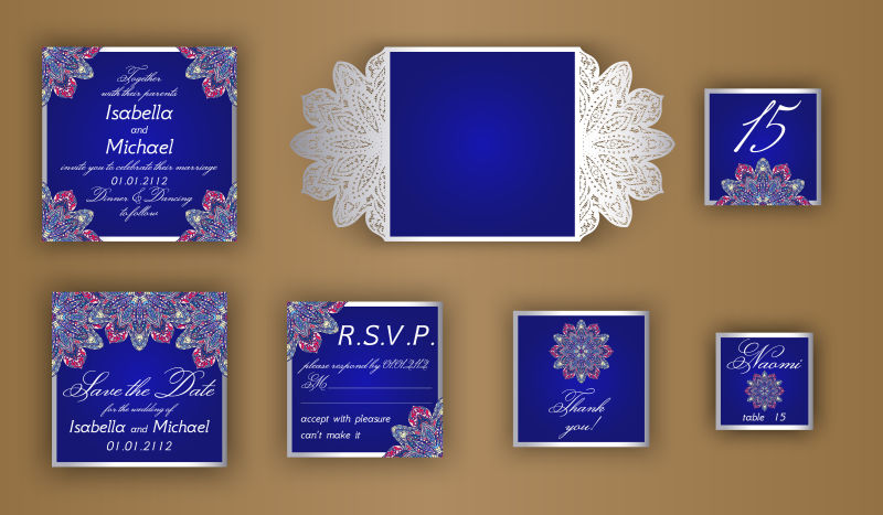 老式婚礼邀请设计集包括邀请卡矢量蓝色