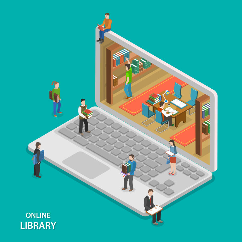 在线图书馆的等距商业平面设计矢量