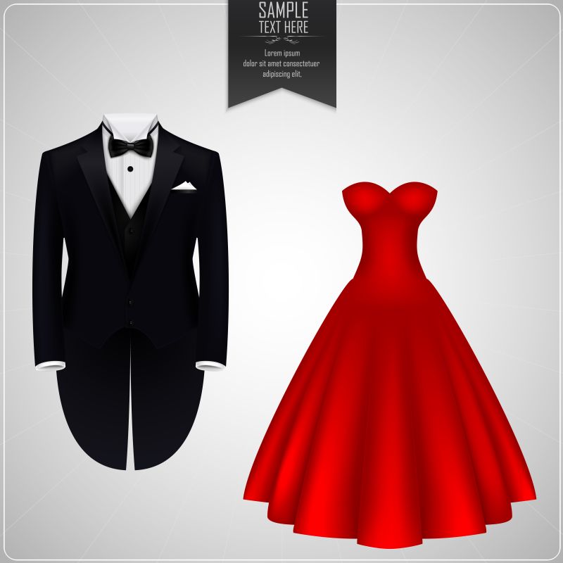 黑色燕尾服和红色婚纱矢量
