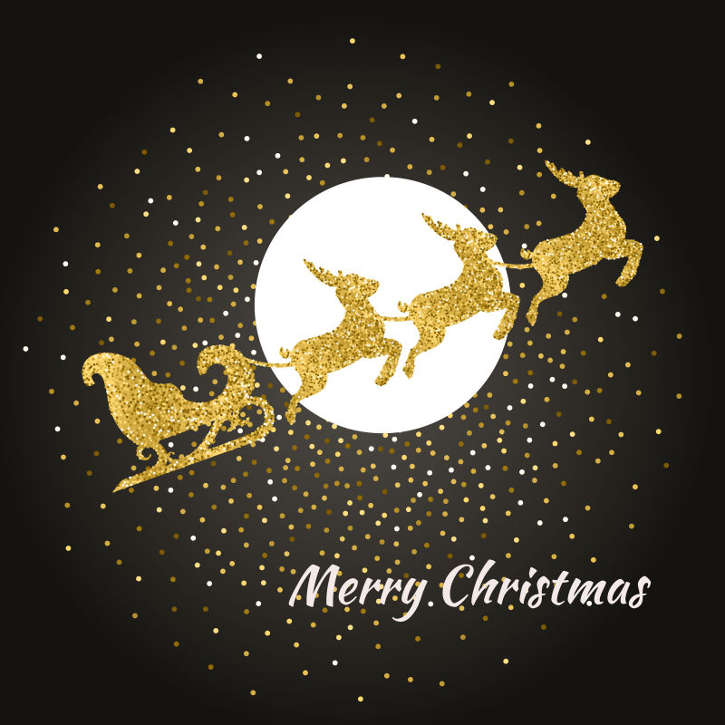 驯鹿拉着圣诞老人飞过月亮的矢量圣诞金光闪亮元素