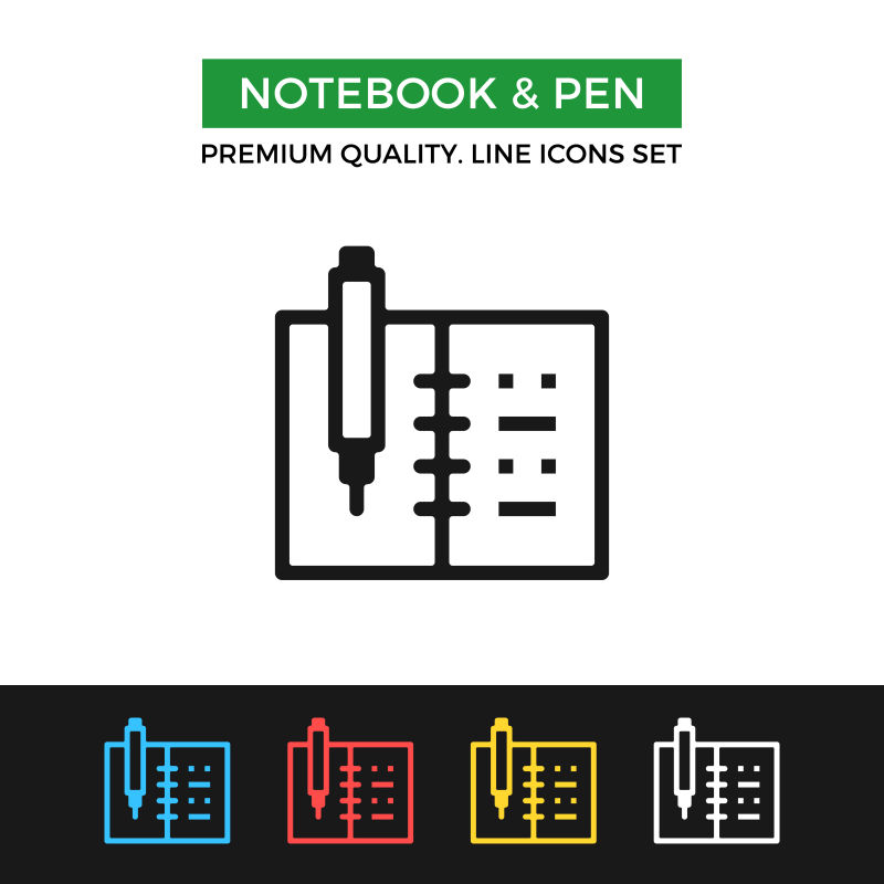 矢量笔记本和钢笔细线图标