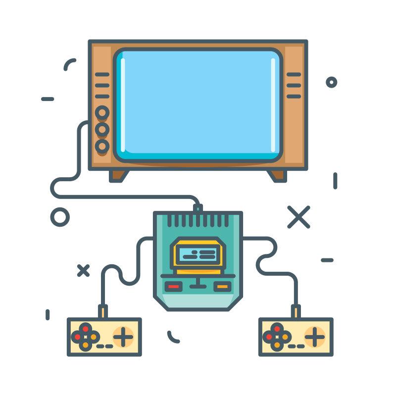 带有游戏杆和旧电视的复古游戏控制台矢量