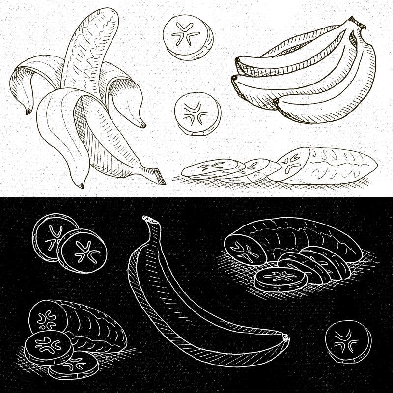 香蕉削皮香蕉切片粉笔手绘矢量