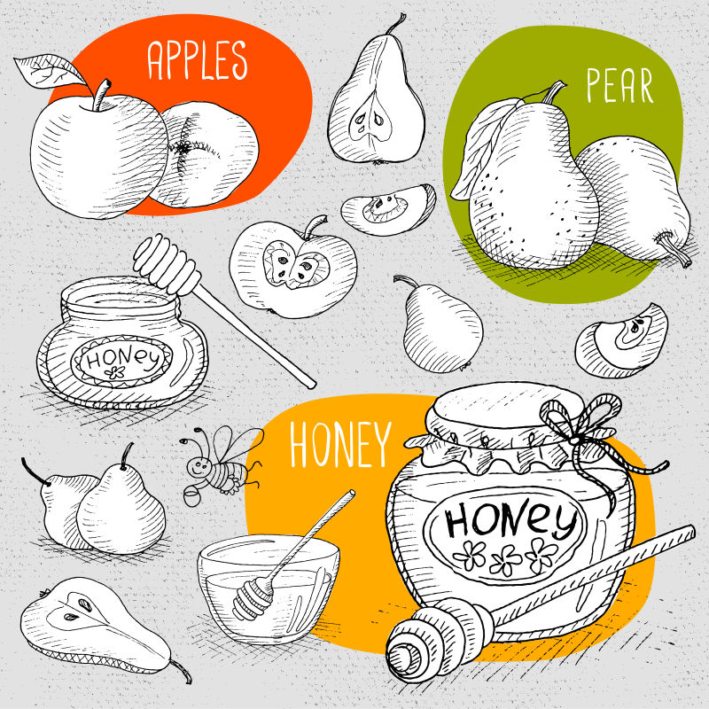 蜂蜜苹果梨和有趣的蜜蜂矢量