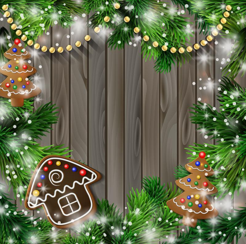 复古色彩的圣诞饼干和装饰品的圣诞节背景设计矢量