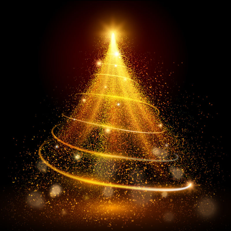 黑色背景下的金色圣诞树矢量图