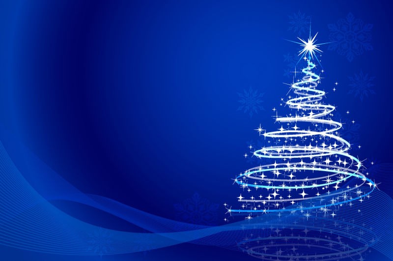 矢量蓝色玄幻背景的白光闪耀圣诞树设计