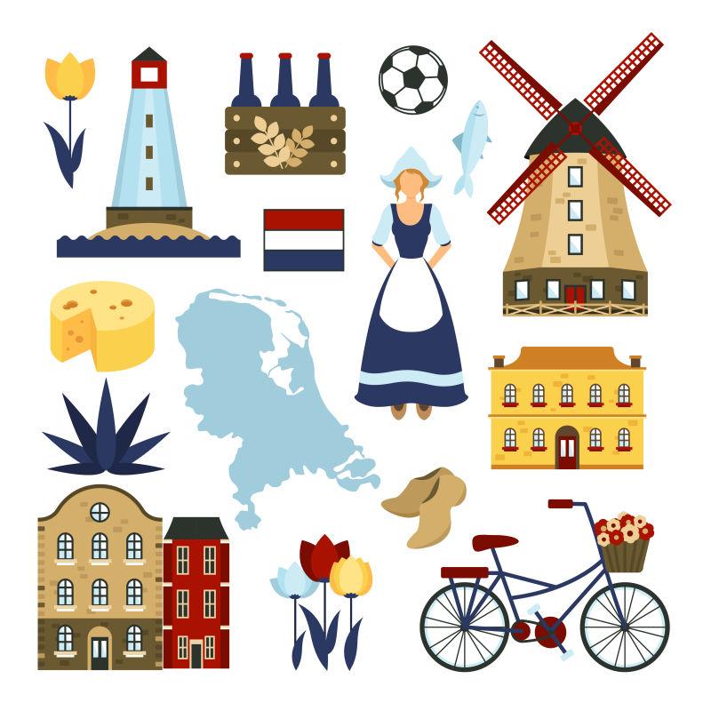 矢量荷兰符号集的风车自行车和干酪