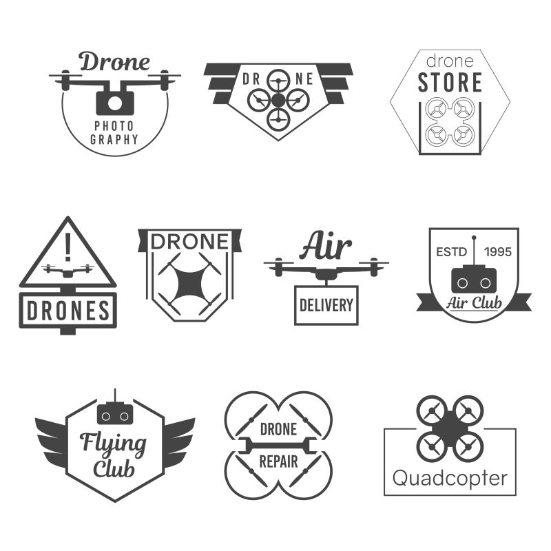 矢量遥控无人机矢量徽章黑色标志集