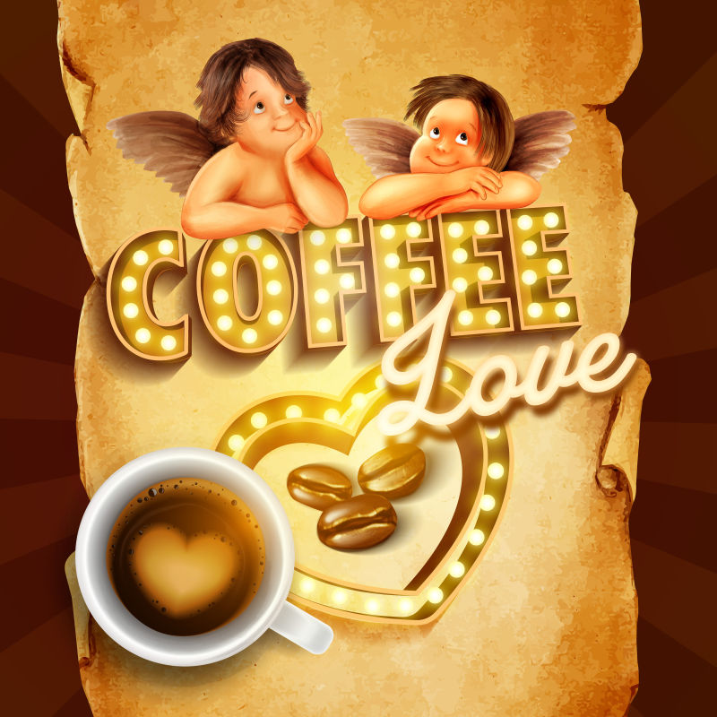 两个可爱的小天使的咖啡店海报设计矢量