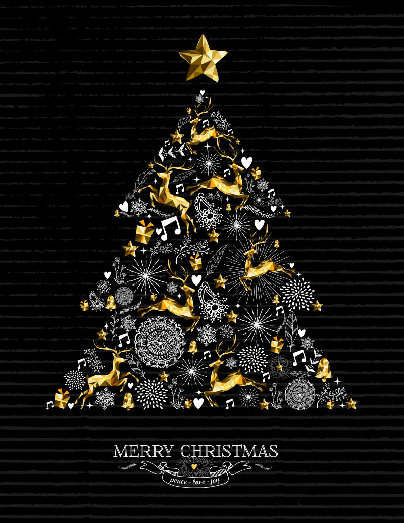 黄金圣诞树装饰贺卡矢量设计