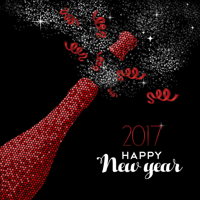 马赛克风格香槟酒瓶2017新年贺卡矢量插图