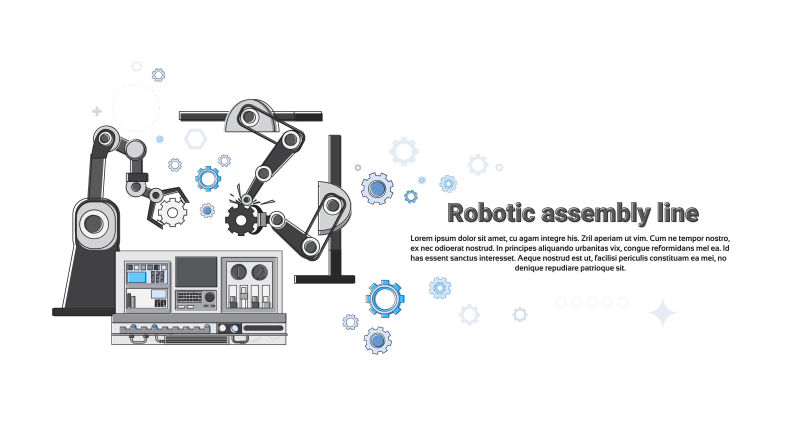 机器人装配线工业自动化工业生产网络横幅矢量插图