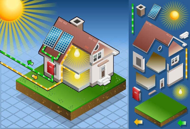 使用太阳能板制作房间等距住宅矢量