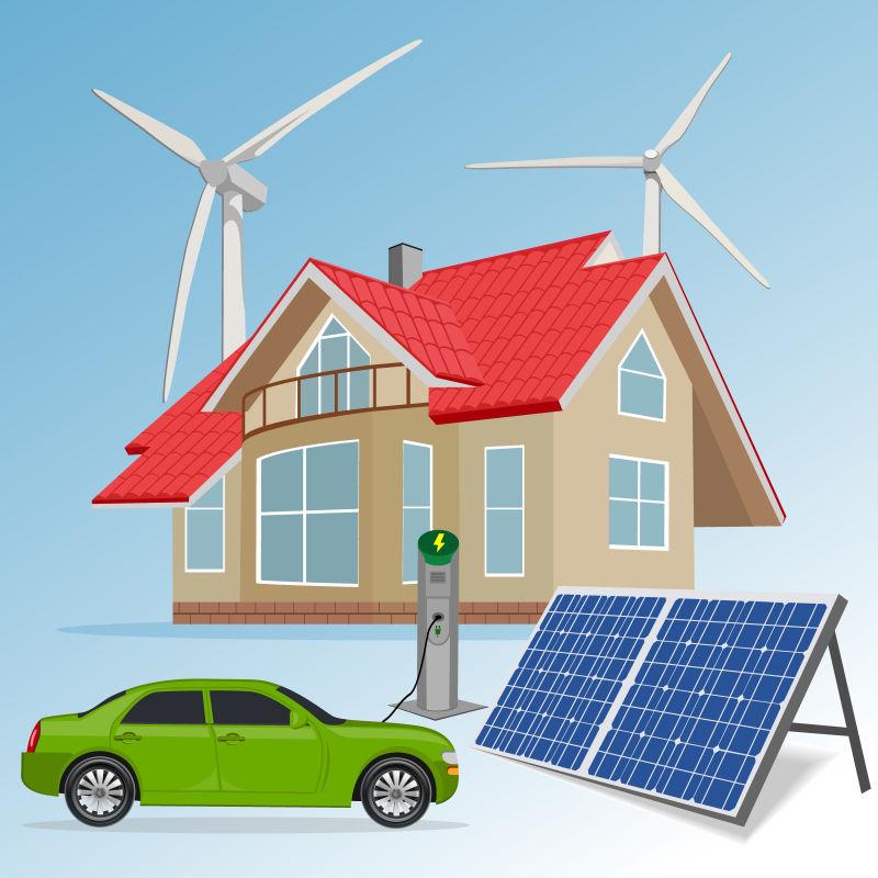 房屋太阳能板和风能发电的绿色生态能源矢量