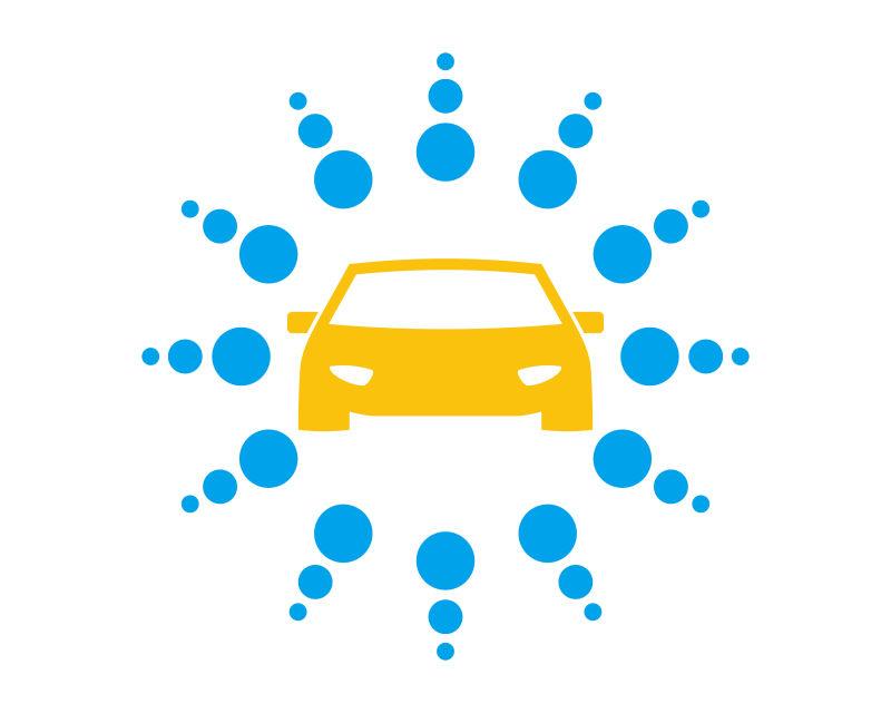 蓝色圆点和运输黄色汽车轮廓图标矢量