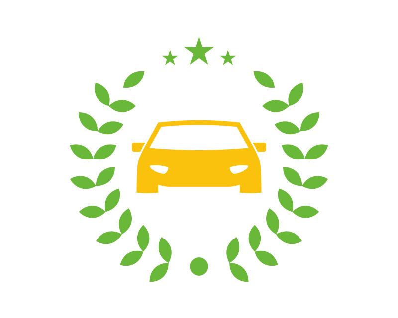 带有绿色树叶的黄色汽车运输驾驶图标矢量