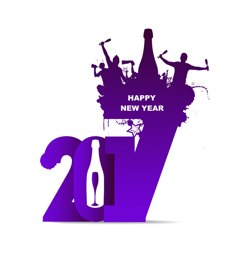 紫色带有酒瓶元素的2017字体新年旗帜矢量