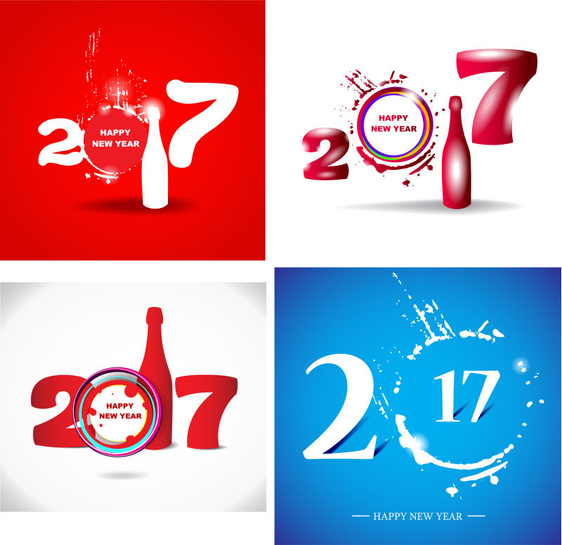 彩色带有酒瓶的2017新年旗帜矢量