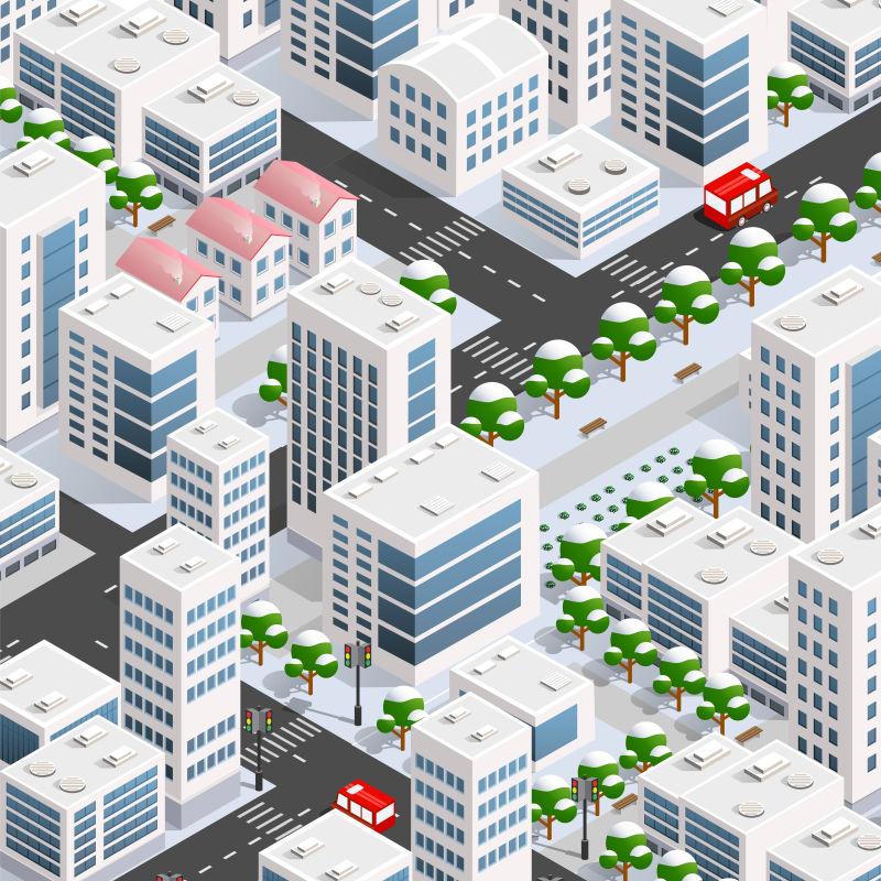 冬季插图3D立体城市基于房屋矢量