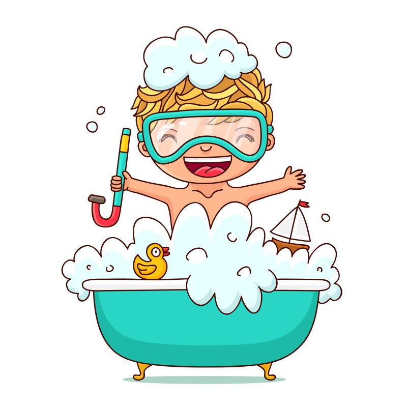 矢量金发男孩在浴缸中洗澡