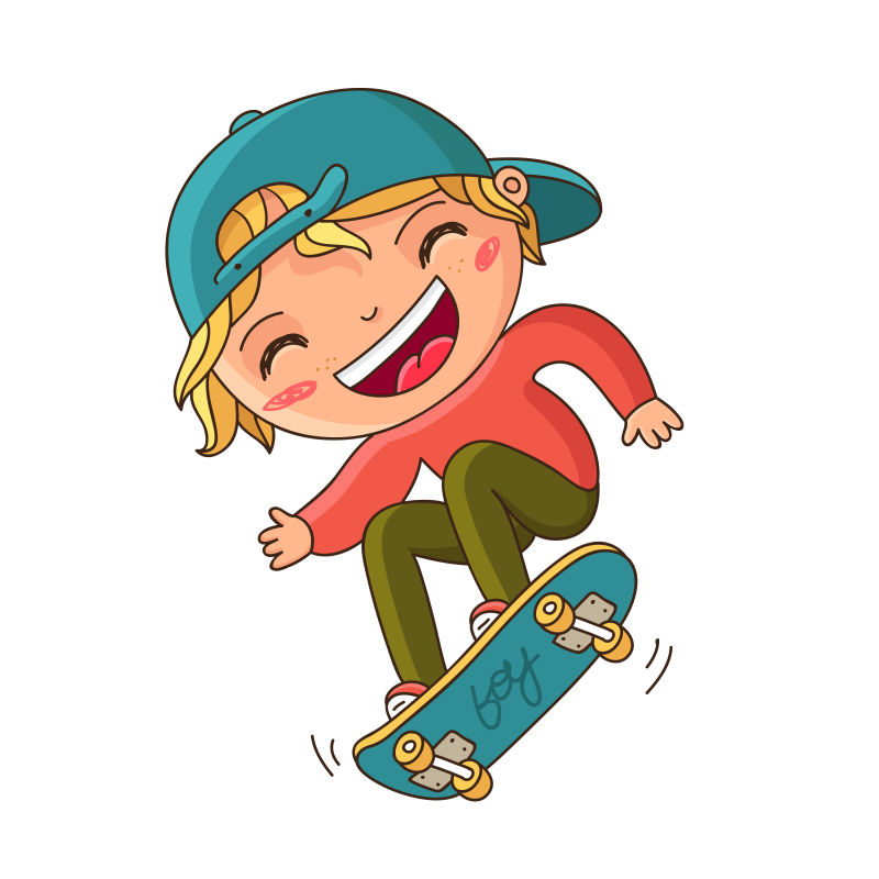 矢量金发男孩在滑板上玩把戏