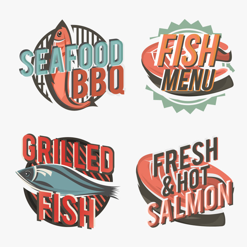 创意鱼类标志包括鲑鱼排和烤鱼剪影矢量