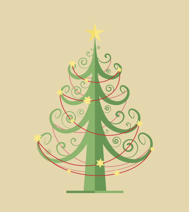 装饰着红线和星星的圣诞树矢量圣诞元素背景