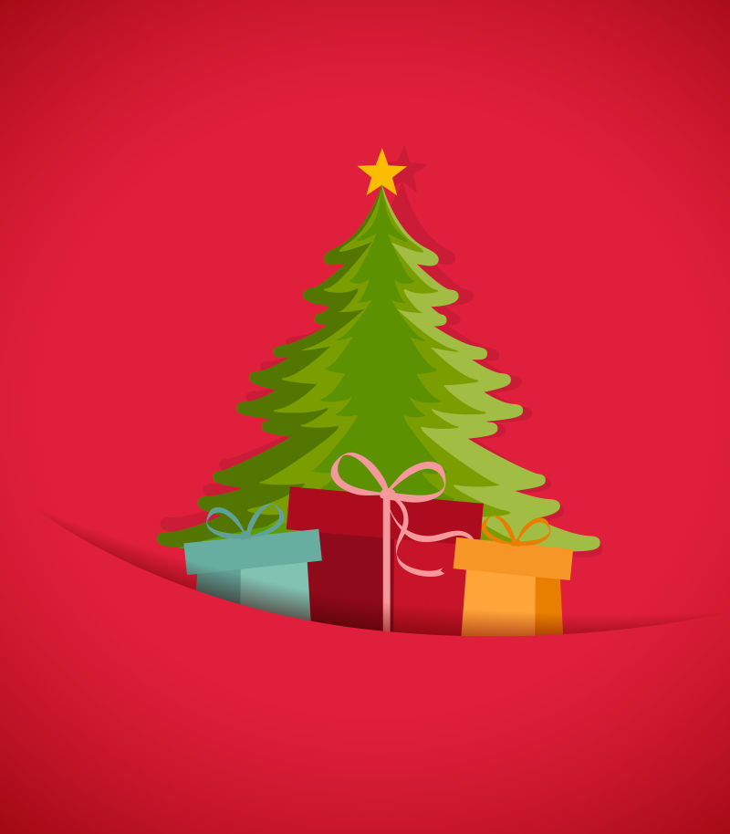 圣诞树和圣诞节礼物盒子的矢量圣诞元素背景