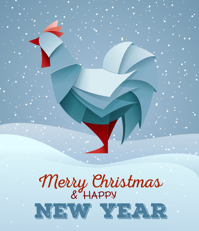矢量折纸公鸡元素的新年快乐插图