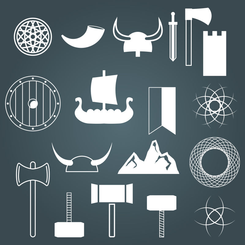 维京人的工具和物品徽章矢量设计