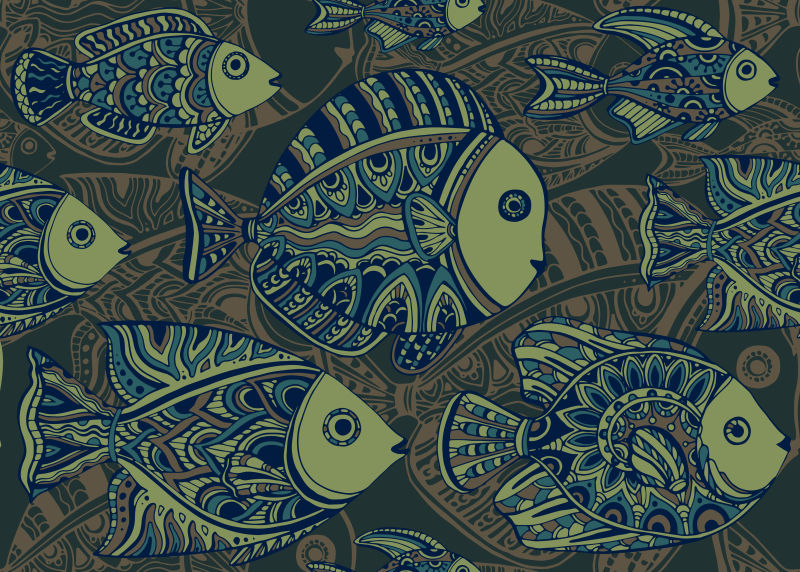 矢量大量装饰鱼的彩色无缝背景