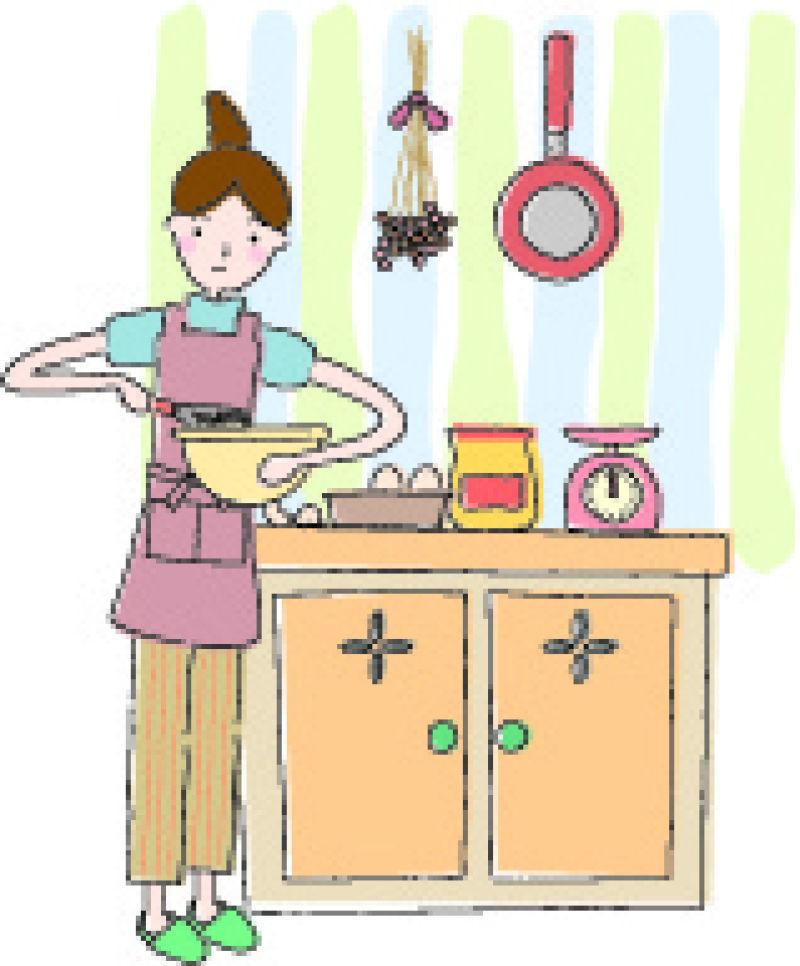 在厨房做饭的卡通女人插图矢量