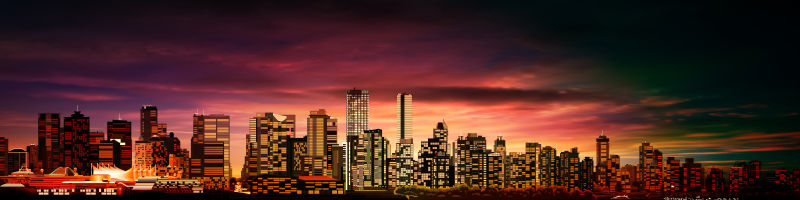 紫色夕阳下的温哥华全景矢量插图