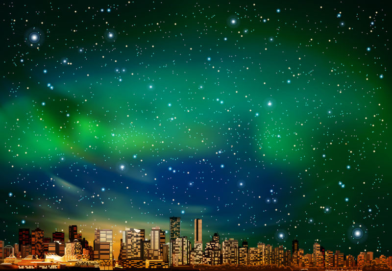 星空下的城市夜景矢量插图